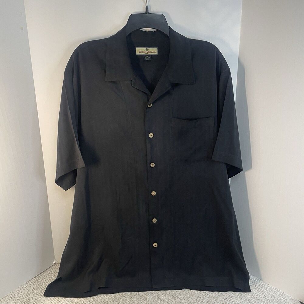 Tommy Bahama Paradise Island Silk Camp Shirt Mens XL Black Embroidered READ